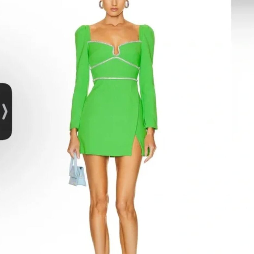 Self-Portrait Green Asymmetrical Puff Sleeve Mini Dress
